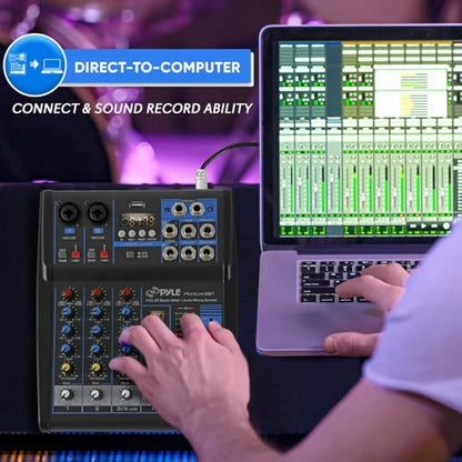 Pyle 4 Channel Audio Mixer with Bluetooth - DJ Sound Board Controller - USB Computer Input - Built-in MP3 Player - 48V Phantom Power - 3 Band EQ - 16-Bit DSP FX - Band, Studio Ready - PMXU43BT