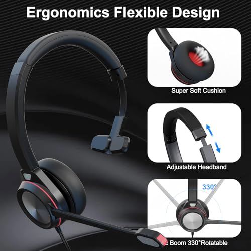USB Headset with Microphone for PC, Mono Wired Computer Headset with 3.5mm & USB Dual Plug, Noise Cancelling Office Headphones for Call Center, Zoom, Teams, Laptop Mac - color: Mono