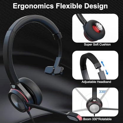 USB Headset with Microphone for PC, Mono Wired Computer Headset with 3.5mm & USB Dual Plug, Noise Cancelling Office Headphones for Call Center, Zoom, Teams, Laptop Mac - color: Mono