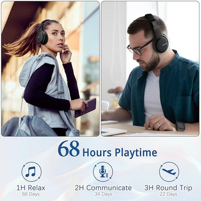 AMORNO Bluetooth Headphones Over Ear, 68 Hours Playtime Wireless Headphones with Mic, Foldable Adjustable Lightweight HiFi Stereo Headset for Cellphone/PC/Work/Travel/Home/Office (Black) - color: Black