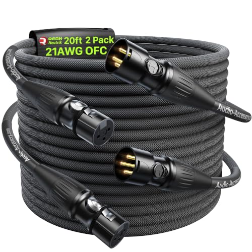 XLR Cables 20ft 2 Pack, Gold-Plated Neutrik REAN Connectors, Kevlar-Reinforced Nylon Braided Microphone Cable, 99.99% 21AWG OFC, Shielded and Balanced Male to Female Mic Cord for Studio, Live, Podcast | Neutrik REAN Gold-Pin Connector, Kevlar-Reinforced H