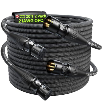 XLR Cables 20ft 2 Pack, Gold-Plated Neutrik REAN Connectors, Kevlar-Reinforced Nylon Braided Microphone Cable, 99.99% 21AWG OFC, Shielded and Balanced Male to Female Mic Cord for Studio, Live, Podcast | Neutrik REAN Gold-Pin Connector, Kevlar-Reinforced H