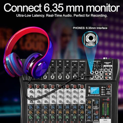 8-Channel Audio Mixer, Recording Sound Board with Bluetooth