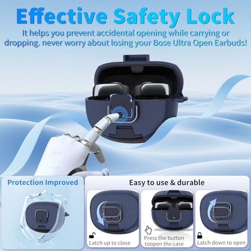 for Bose Ultra Open Earbuds Case with Secure Lock & Phone Stand, Soft TPU Shockproof Protective Clear Case for Bose Open Ear Earbuds Accessories with Cleaning Pen & Keychain (Dark Blue) - color: Dark Blue