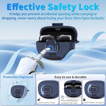 for Bose Ultra Open Earbuds Case with Secure Lock & Phone Stand, Soft TPU Shockproof Protective Clear Case for Bose Open Ear Earbuds Accessories with Cleaning Pen & Keychain (Dark Blue) - color: Dark Blue