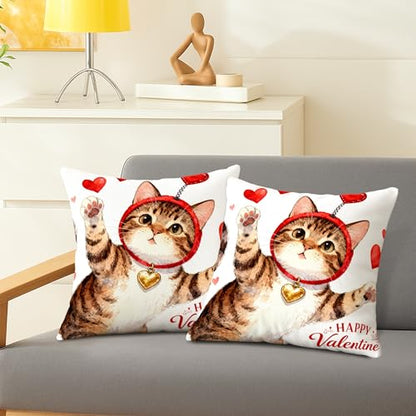 Cat Throw Pillow Covers Set of 2, Playful Fanciful Hearts Red Headband Valentine Red Soft Velvet Washable Cushion Covers Pillow for Home Bedroom Living Room Sofa Couch Decor 12x12 Inch - size: 12" x 12" (Pack of 2)