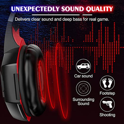 VersionTECH. G2000 Gaming Headset, Bass Surround Gaming Headphones with Noise Cancelling Mic, LED Lights, Soft Memory Earmuffs for PS5/ PS4/ Xbox One Controller/Laptop/PC/Mac/Nintendo NES Games-Red - color: Red