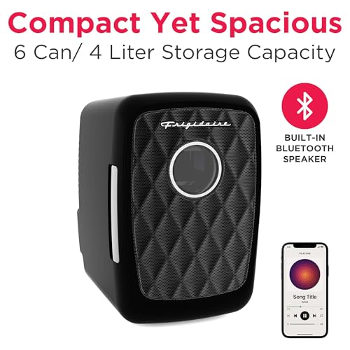 Frigidaire Mini Portable Compact Personal Fridge Cooler, 4 Liter Capacity Chills Six 12 oz Cans, Includes Plugs for Home Outlet & 12V Car Charger - BLACK, BUILT IN BLUETOOTH SPEAKER - color: Black