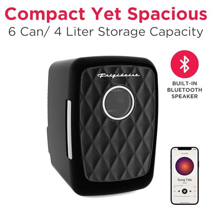 Frigidaire Mini Portable Compact Personal Fridge Cooler, 4 Liter Capacity Chills Six 12 oz Cans, Includes Plugs for Home Outlet & 12V Car Charger - BLACK, BUILT IN BLUETOOTH SPEAKER - color: Black