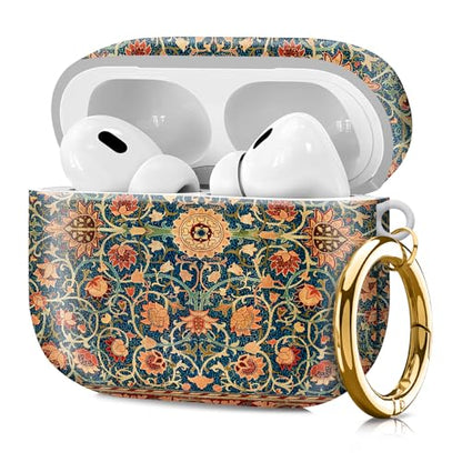 Compatible with Airpod pro 2nd/1st Generation Case Cover with Gold Round Keychain Cute Pattern Hard & Anti Slip Cover for Men Women & Girls（Flowery Branch） - color: Flowery Branch