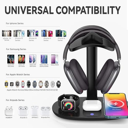 Airpod Max Charger Stand with 15w Wireless Charger, Suguder 4 in 1 Headset Holder for Apple Accessories Charging with AirPods Max/Pro/iWatch/iPhone/Vision Pro, Headphones Stand for Desk Organizer