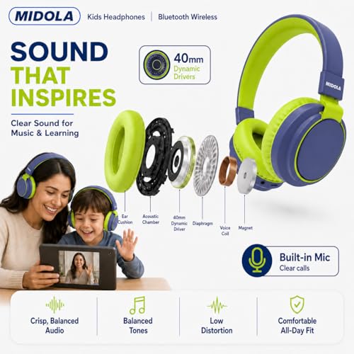 Kids Bluetooth Headphones Wireless 68 Hours,Safe Volume Limit 85/94dB | Adjustable Headband Foldable Over-Ear Lightweight Headsets for Toddler Girls Boys Tablet/iPad,HD Stereo,Built-in Mic,Green - color: DeepBlueSky