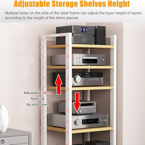 7 Tier Av Media Stand With Wheels, 55in Adjustable Audio Rack - color: Black