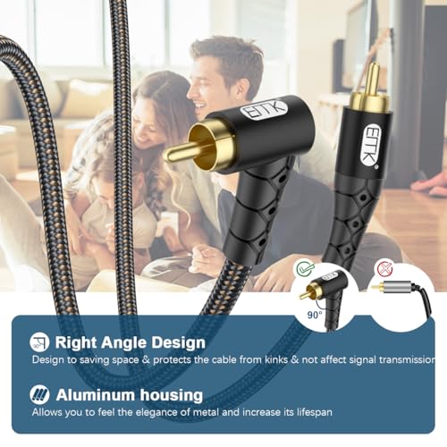EMK 90 Degree RCA Subwoofer Cable 24K Gold-Plated Connector Nylon Braided Double Shielded – Support Digital & Analog Signals for Amplifier, Home Theater, Hi-Fi System,Subwoofer Black/30ft/10m - size: 30ft/10m, style: Black*90°RCA to RCA