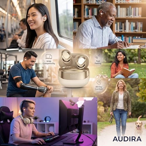 AUDIRA Mini Wireless Sleep Earbuds for Side Sleepers, Bluetooth 5.4 in-Ear Ear Buds with Noise Cancelling, IPX4 Waterproof Headphones, Touch Control, Digital Display Charging Case – Biege - color: Beige