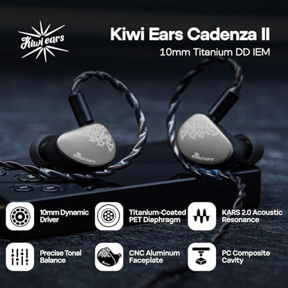 Linsoul Kiwi Ears Cadenza II 10mm Titanium Driver in Ear Monitor, HiFi Wired IEM Earphones with KARS 2.0(Grey) + Kiwi Ears SONICAP Waterproof Earbud Case,Hard Protective IEM Storage Box (Black)