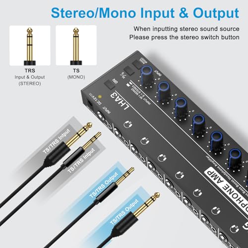 LZSIG Headphone Amplifier with Bass Boost, 8 Channel, 1 IN 8 OUT, DC 12V | Metal Stereo Audio Amplifier, Mini Earphone Splitter with Power Adapter, 1/4" & 1/8" TRS Headphones Output & TRS Audio Input - size: Large(8-channel)