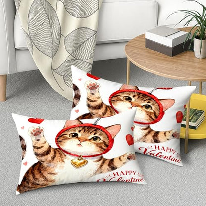 Cat Throw Pillow Covers Set of 2, Playful Fanciful Hearts Red Headband Valentine Red with Hidden Zipper Cover Decorative Pillows for Living Room Bedroom Loft Office Car Decor 20x12 Inch - size: 20" x 12" (Pack of 2)