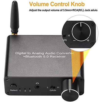 192kHz Digital to Analog Converter Bluetooth 5.0 Receiver DAC | with 16-300Ω Headphone Amplifier Optical/Coaxial to RCA 3.5mm Audio Output with Volume Control for TV Phone Tablet - style: basic