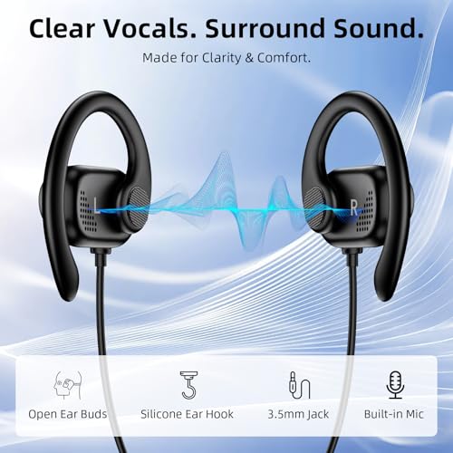 Open Ear Wired Earbuds 3.5mm Headphone with Mic Right Angled Ear Hook Black | In Line Control Hifi Stereo AUX 3.5mm Jack Sport Corded Earphone for iPod CD Player Android Phone Travel Airplane Work School