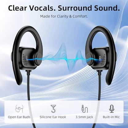 Open Ear Wired Earbuds 3.5mm Headphone with Mic Right Angled Ear Hook Black | In Line Control Hifi Stereo AUX 3.5mm Jack Sport Corded Earphone for iPod CD Player Android Phone Travel Airplane Work School