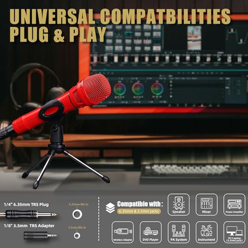 Dynamic Microphone - Professional Vocal Microphone for Singing - Premium Handheld Wired Mic with 16ft XLR to 1/4" Audio Cable - Microfono for Speaker, Mixer, Amplifier & Karaoke Machine - color: A-Red