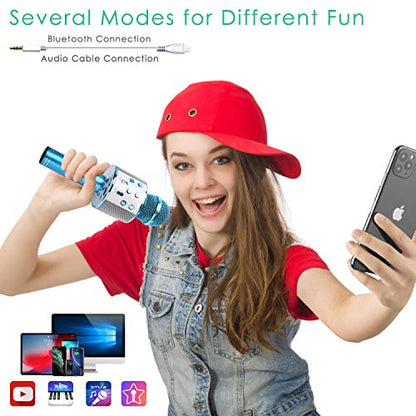 KIDWILL Wireless Bluetooth Karaoke Microphone for Kids, 5-in-1 Portable Handheld Karaoke Mic Speaker Player Recorder with Adjustable Remix FM Radio for Kids Girls Boys Teens Birthday (Blue)