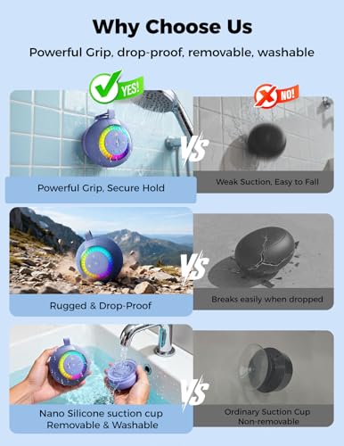 Bluetooth Shower Speaker IPX7 Waterproof: Removable Suction Cup, Blue | 360° Surround Sound, Vacuum-Lock, RGB Light, Portable Wireless Speaker for Beach, Pool, Kayak, Gifts for Adults Teens - color: Blue