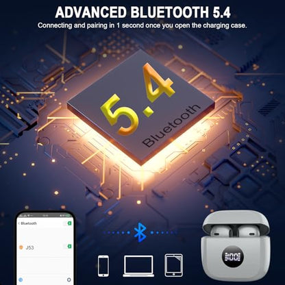 Wireless Earbuds, Bluetooth 5.4 Ear Buds, LED Power Display, 6D Bass Stereo | 4 ENC Noise Cancelling Mic, HiFi Stereo, In-Ear Headphones, 40H Playback Mini Case, IP7 Waterproof Sports, for Android iOS - color: Light Grey