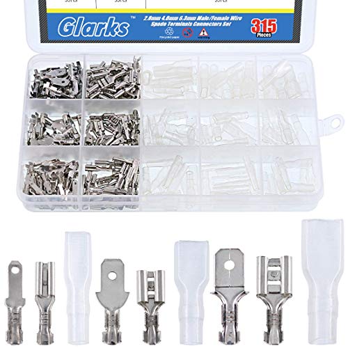 Glarks 315Pcs Quick Splice 2.8mm 4.8mm 6.3mm Male and Female Wire Spade Connector Wire Crimp Terminal Block with Insulating Sleeve Assortment Kit - style: 315Pcs Silver Spade Connector