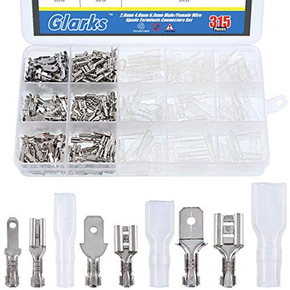 Glarks 315Pcs Quick Splice 2.8mm 4.8mm 6.3mm Male and Female Wire Spade Connector Wire Crimp Terminal Block with Insulating Sleeve Assortment Kit - style: 315Pcs Silver Spade Connector
