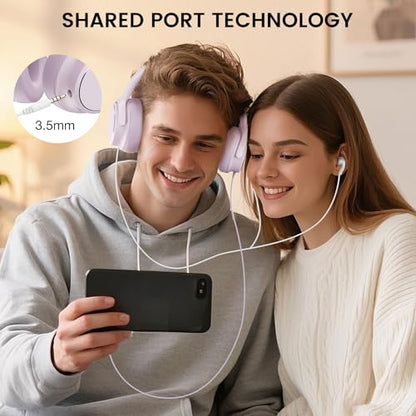 USB C Wired Over-Ear Headphones with Microphone | Volume Control, Share Port, Adjustable Headband Foldable Stereo Headset for Adult/Teens for iPhone 16, Laptop, Gaming, Travel - color: New Icy Pink