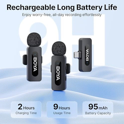 BOYA BY-V20 USB-C Wireless Microphone for Android Type-C,iPhone 16/15,328FT Los Range,9H Battery,Noise Reduction Mini Wireless Lavalier Lapel Mics for Interview YouTube TikTok(2TX+1RX) - style: BY-V20(2TX+RXU)