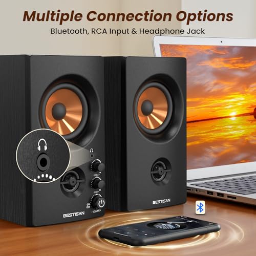 BESTISAN Active Bookshelf Speakers, 50W BT Home Speakers, 3’’ Woofer, 1’’ Silk Dome Tweeter PC Speakers, RCA Speakers for Desktop/Turntable/TV, Bass & Treble Adjustable, Headphone Port for Gaming