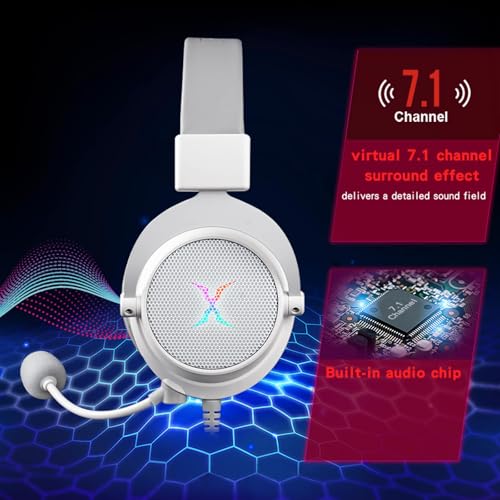 FOXXRAY HAU-37 USB Gaming Headset for PC, Computer Headphones with Microphone, 7.1 Surround Sound, 50MM Dynamic Drivers, RGB Light, Wired Headphones for PS4, PS5, Laptop - color: White