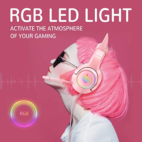 PHNIXGAM Pink Girl Gaming Headset for PS4, PS5, Wired Over-Ear Headphones with Detachable Cat Ears, Noise Cancelling Microphone, RGB Backlight, Surround Sound for PC