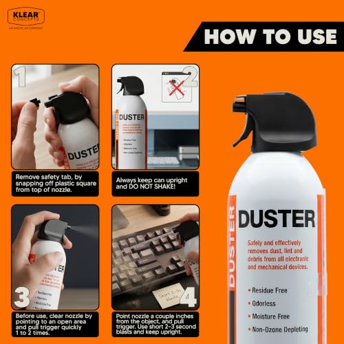 Compressed Air Duster for Computers, Made in USA, 10oz, 1 PC | Klear Concepts Canned Air for Electronics & Automotive, Removes Dust & Debris in Hard to Reach Areas, With Precision Straw