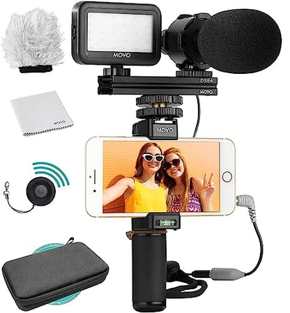 Movo Vlog Kit V7 - YouTube Starter Kit with Grip, Stereo Microphone, Light and Wireless Remote Vlogging Kit for iPhone, Android - iPhone Vlogging Kit