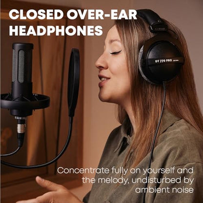 beyerdynamic DT 770 PRO, 32 Ohm, Closed Back, Over Ear, Wired Professional Studio Headphones, Mobile Recording, Podcast, Gaming, 1.6m Straight Cable, Black with Limited Edition Gray Velour Ear Pads | Closed Back, Over Ear, Wired Professional Headphones, M