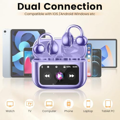 Clip On Ear Headphones, Open Ear Earbuds Wireless Bluetooth 5.4, Clip On Earbuds with LCD Touchscreen, Lightweight Comfort Open Ear Headphones for Pad Tablet Laptop Android/iOS Phones (Purple) - color: Purple