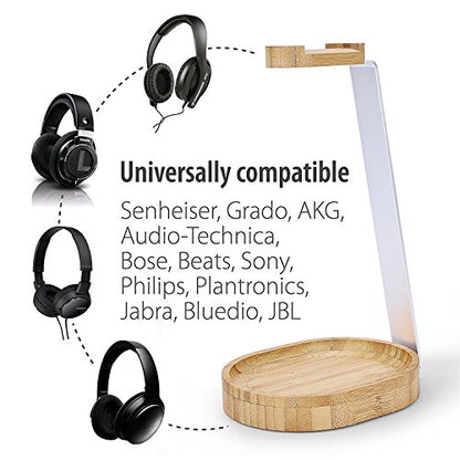 Avantree TR902 - Wood and Aluminum Headphone Stand with Cable Holder | Sturdy wooden and aluminum desktop stand displays headphones securely and.