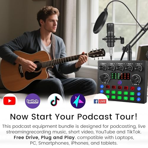 Podcast Equipment Bundle, Recording Studio Package with Podcast Microphone and Voice Changer, Live Sound Card - Audio Interface for Laptop Computer Vlog Living Broadcast Live Streaming YouTube TikTok