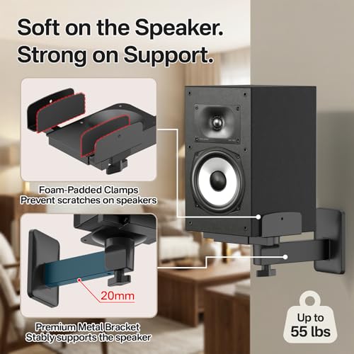 Speaker Wall Mount for Polk XT15/XT20/ES15/ES20/T15/R100/R200, Tilt & Swivel Wall Speaker Mount with Dual Side Clamp, Surround Sound Speaker Mounts for Polk Bookshelf Speaker Mount, Up to 55 lbs, Pair