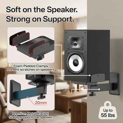 Speaker Wall Mount for Polk XT15/XT20/ES15/ES20/T15/R100/R200, Tilt & Swivel Wall Speaker Mount with Dual Side Clamp, Surround Sound Speaker Mounts for Polk Bookshelf Speaker Mount, Up to 55 lbs, Pair