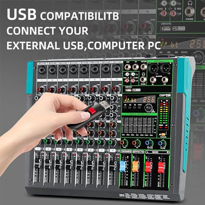 Depusheng PA8 Professional Audio Mixer Sound Board Console Desk System Interface 8 Channel Digital USB Bluetooth MP3 Computer Input 48V Phantom Power Built-in 256 Reverb Effect, Black