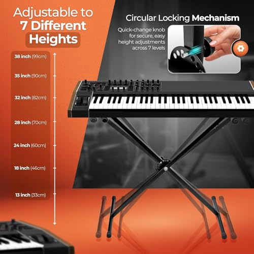 Flexzion Classic Keyboard Stand Musician Electronic Piano Organ Single Tube X Type 7 Position Folding Adjustable Height Metal Braced Rack Portable with Locking Straps