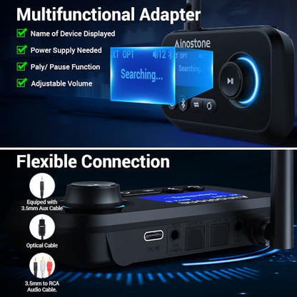 Bluetooth Transmitter Receiver 3-in-1 Bluetooth 5.3 Audio Adapter for 2 Headphones with Bypass Volume Control ON/Off Switch LCD Display 3.5mm Aux/Optical/RCA for Home Stereo TV Speaker PC - color: Single Antenna-BLACK
