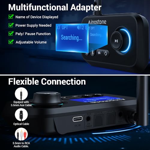 Bluetooth Transmitter Receiver 3-in-1 Bluetooth 5.3 Audio Adapter for 2 Headphones with Bypass Volume Control ON/Off Switch LCD Display 3.5mm Aux/Optical/RCA for Home Stereo TV Speaker PC - color: BLACK