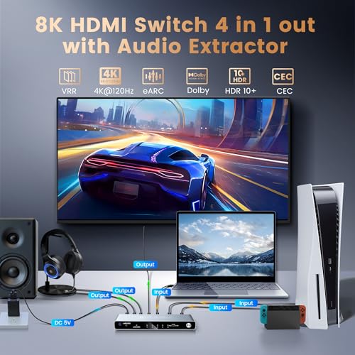 HDMI 2.1 eARC Switch 4 in 1 Out, 4K@120Hz 8K@60Hz Audio Extractor w/Remote | Supports CEC,Optical SPDIF, 3.5mm AUX Audio Output, VRR, ALLM, HDR and HDCP2.3 for PS5, Xbox and 8K Displays