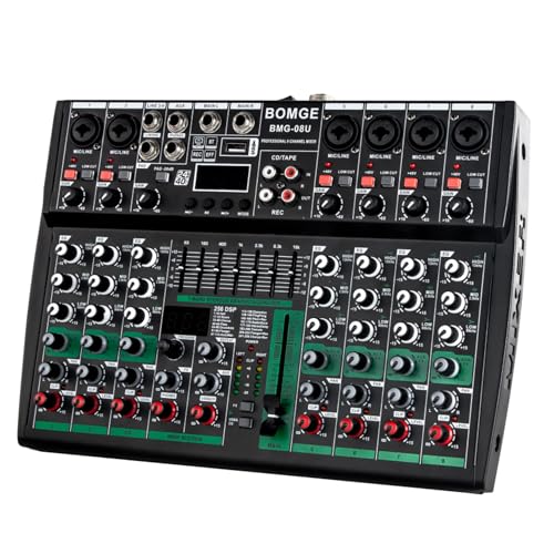 BOMGE Professional Audio Mixer Sound Board Console Desk System- Interface 8 Channel USB Bluetooth MP3 Computer Input 48V Phantom Power Stereo DJ Studio FX 256Bit DSP, for Professional and Beginners